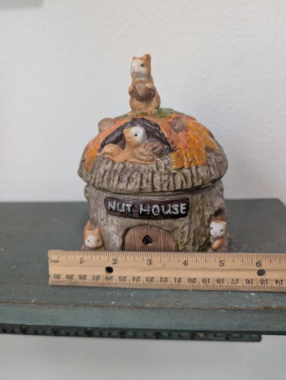 Vintage Ceramic Squirrel NUT HOUSE Candy Nut Canister Jar Tree House CottageCore